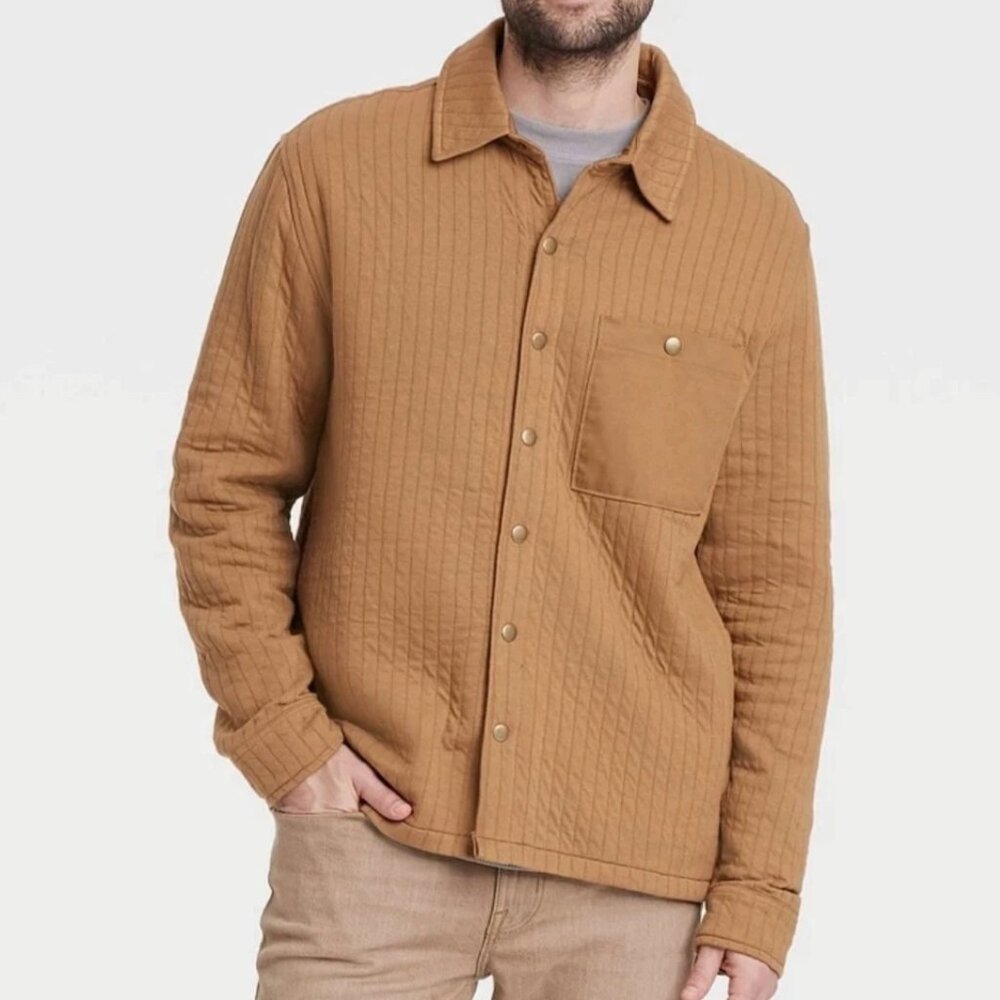 NEW Goodfellow & Co Men’s Brown Quilted Knit Jacquard Snap Button Shirt Jacket L